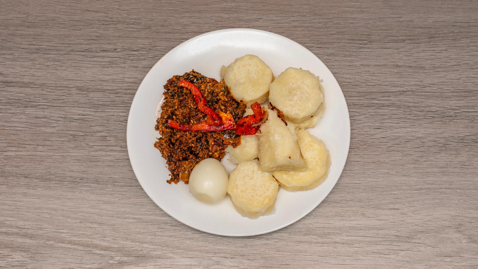 Boiled Yam & Palava Sauce with Goat meat