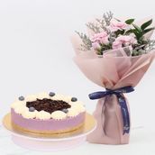 Blueberry Cheesecake, 4 servings, pink carnation and purple rose rolls./