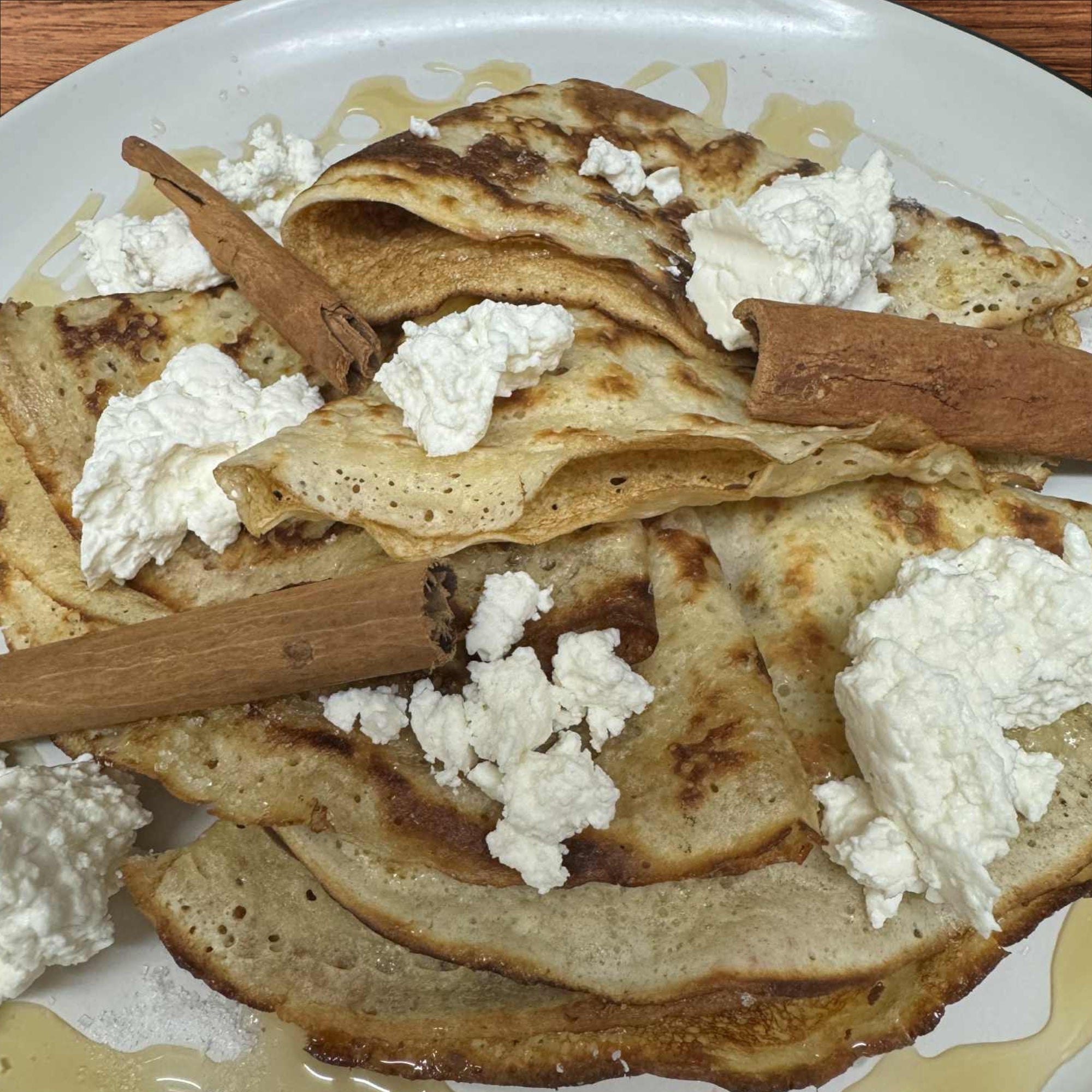 3 Polish-style crapes /pancakes with Farmer's cheese and cinnamon