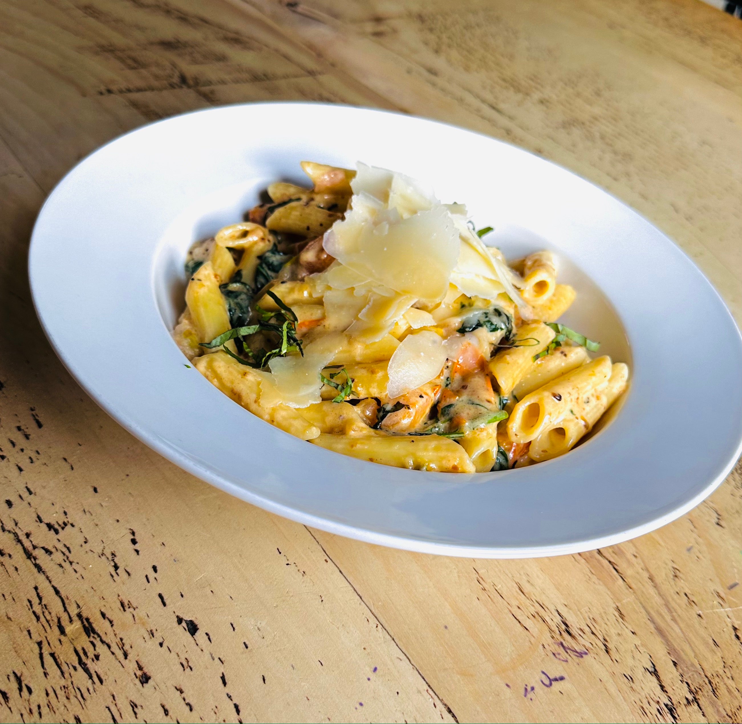 Penne Creamed Spinach & Garlic with marinated tomatoes