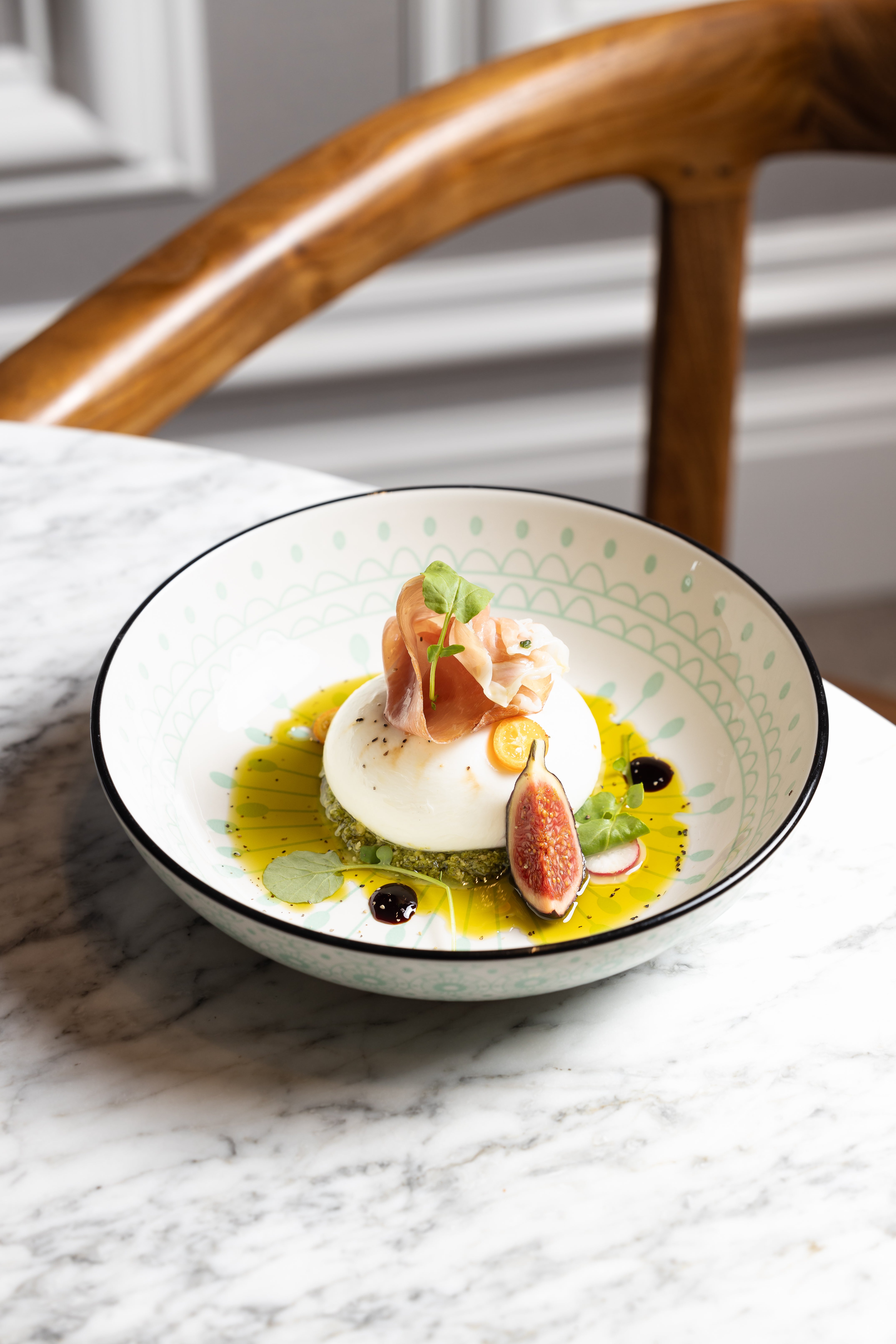 Burrata, Kumquat, Tuscan Ham, Radicchio, and Balsamic Dressing