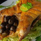 Whole duck with mahashi and spiced rice with orzo soup