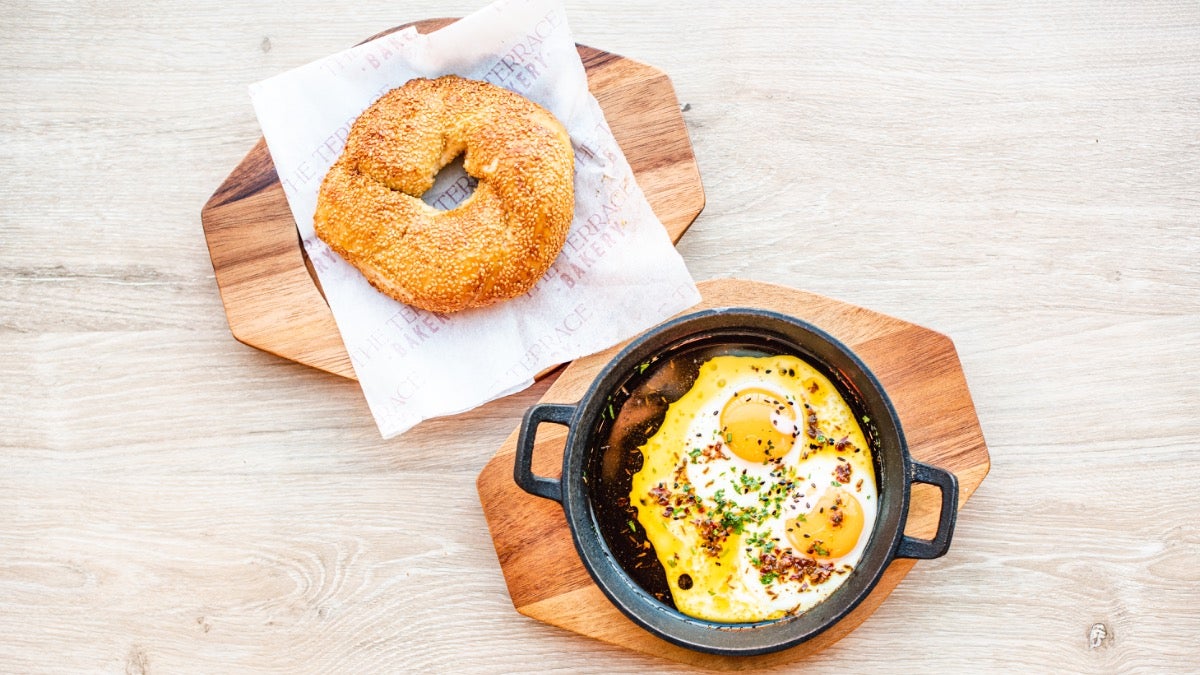 Fried Eggs and Turkish Simit Bread