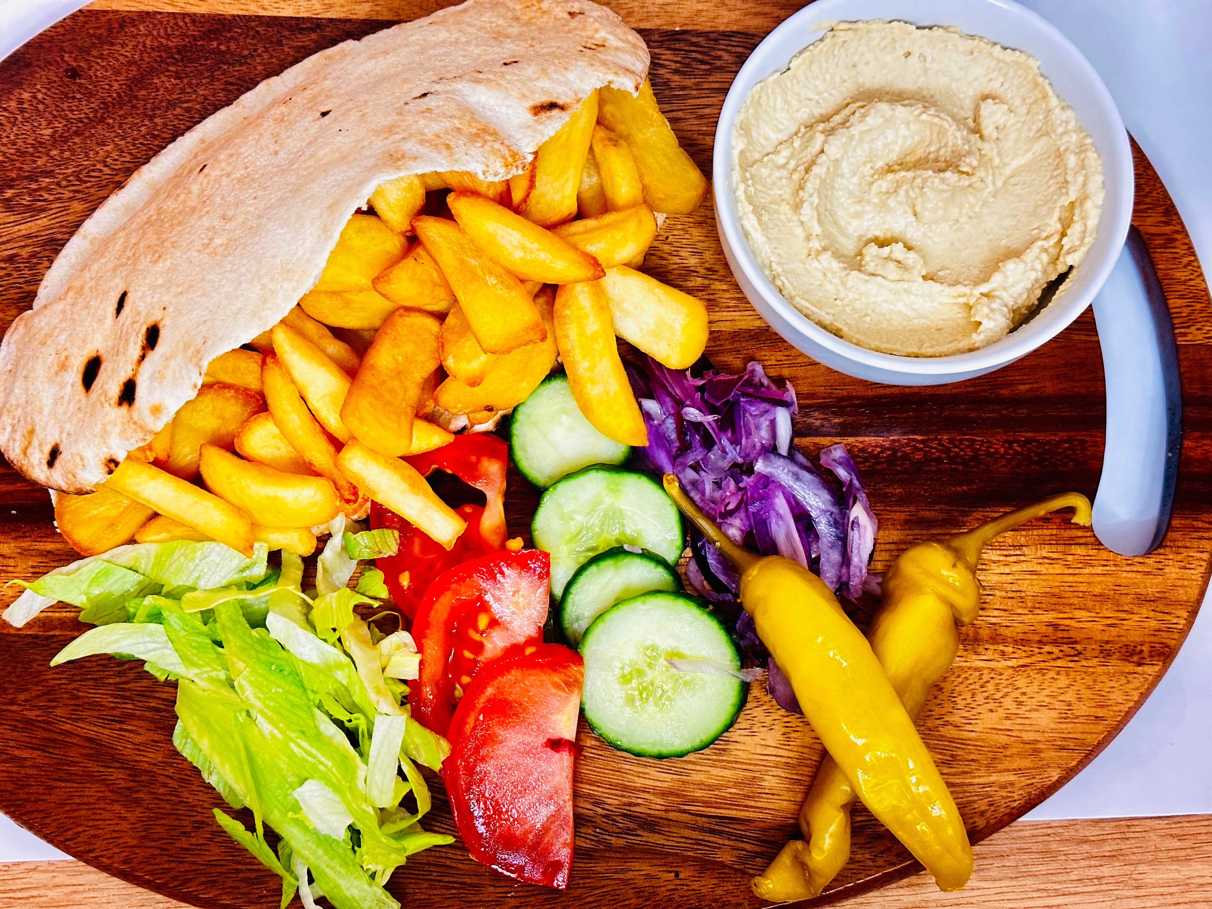 Chips in Pitta with Houmous & Salad
