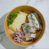 Herring Fish With Potato, Bread And Onion