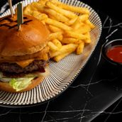 Wagyu Cheese Burger With French Fries And Tomato Ketchup