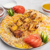 Sheesh Tawook Mandi Meal with mandi rice + lentil soup + red sauce + yoghurt salad