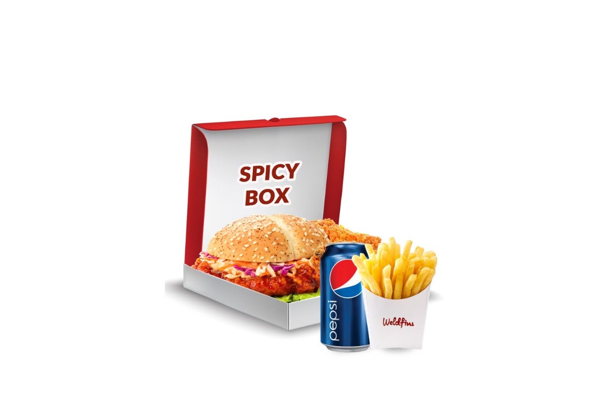 Spicy Box Meal (1 Burger, 3 Wings, 1 Side, Fries & Drink)