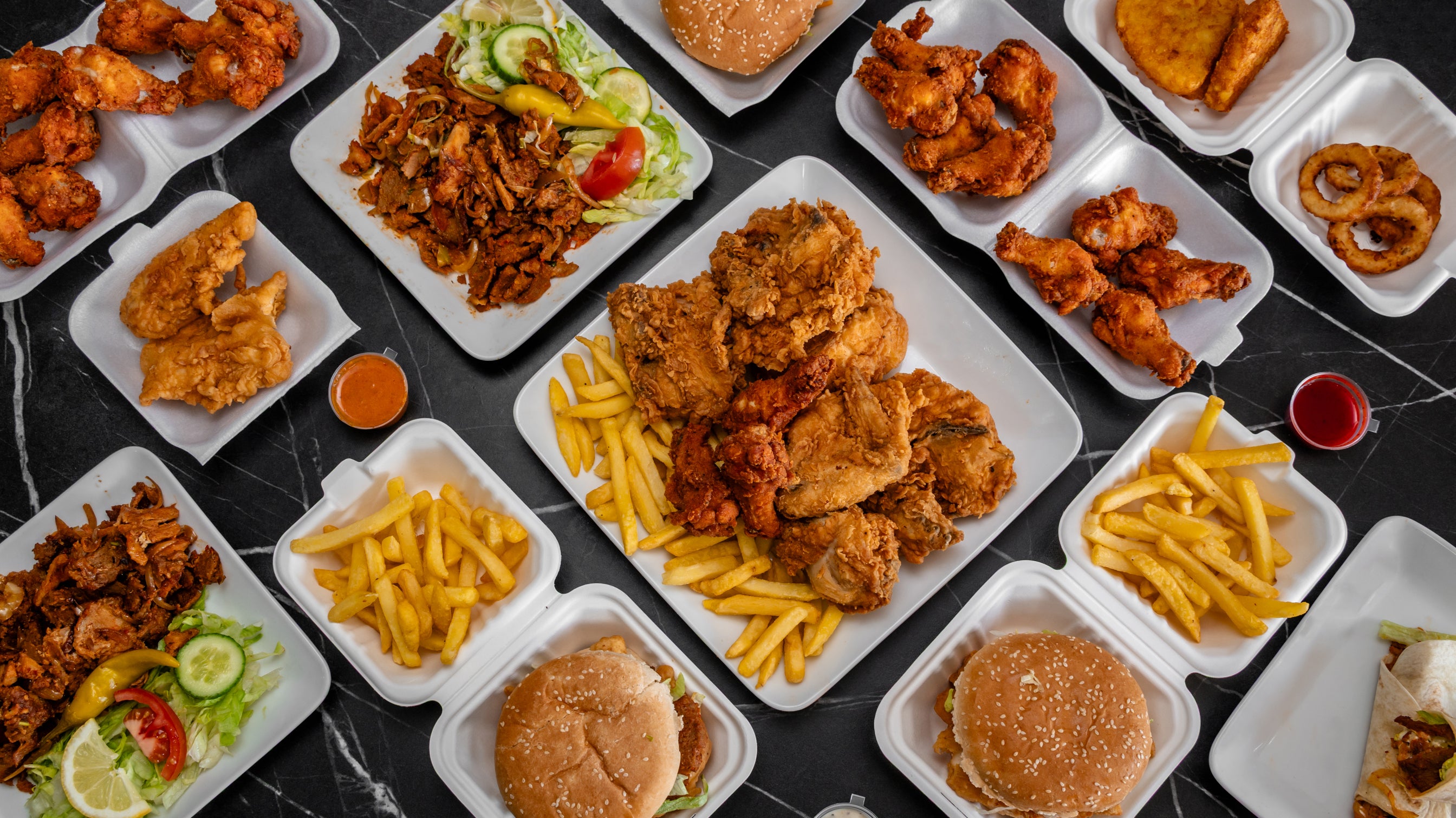 Lamb Donner, Chicken Burger, Chips, and Soft Drink