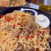 Indomie With Beef Stew And Boiled Egg