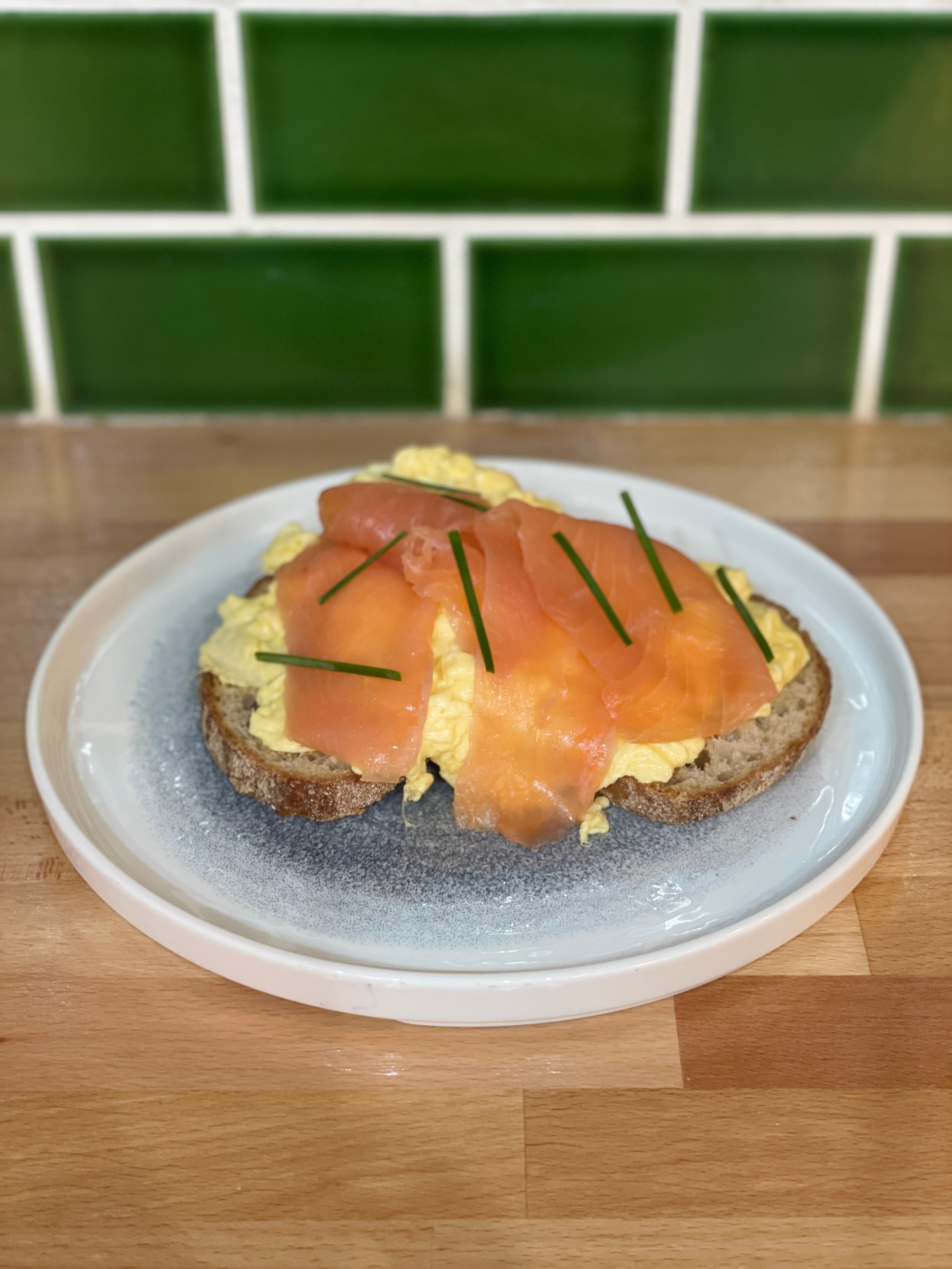 Smoked Salmon and Scrambled Eggs on Organic Sourdough Toast.