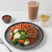 Flavorful Picadillo Beef Paired With Mixed Vegetables Served With Shake And Dessert