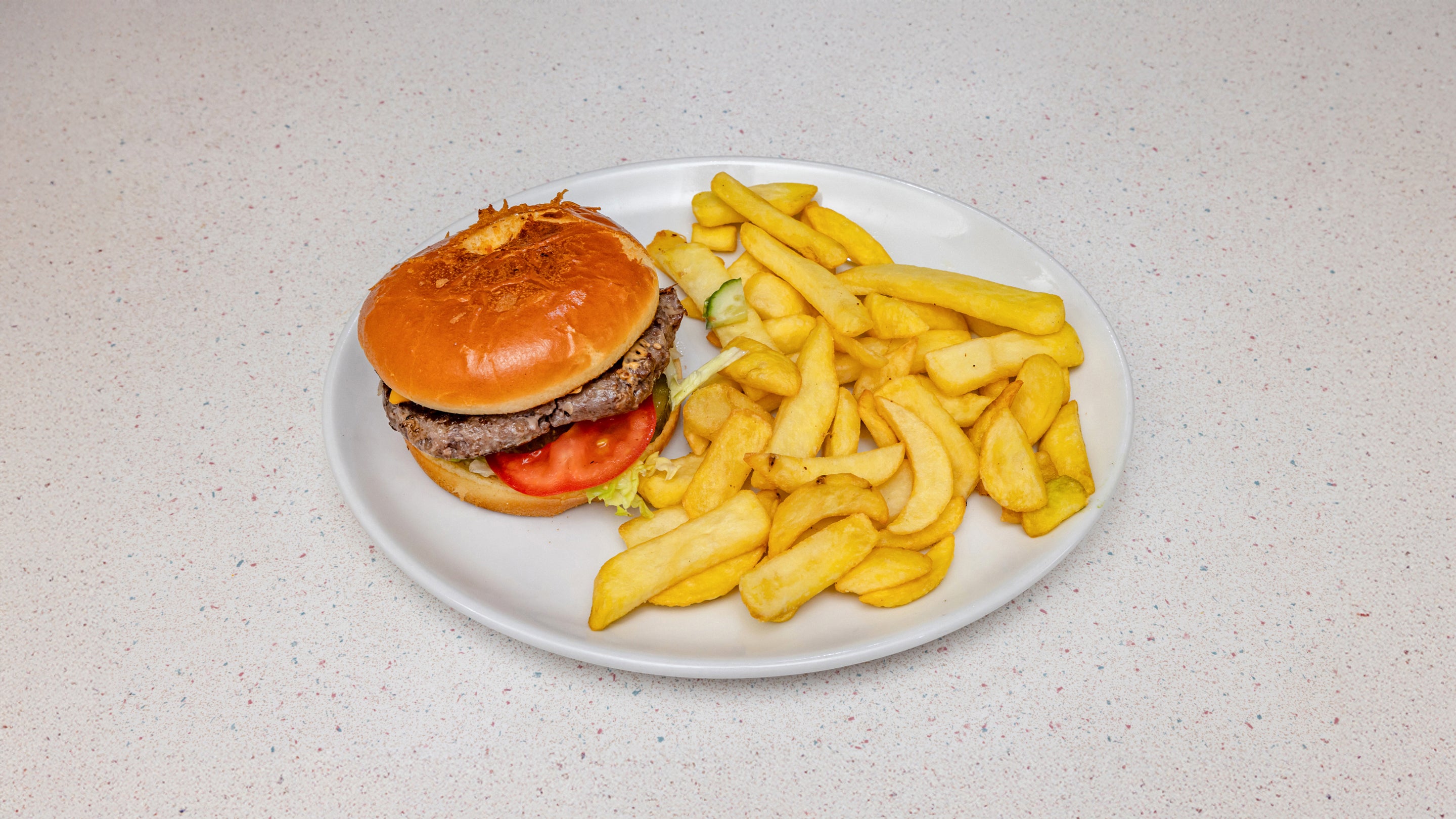 Home Made Gourmet Burger with Chips & Can of Drink
