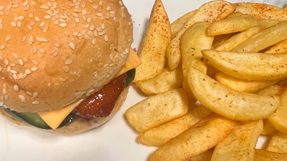Korean chicken burger with chips