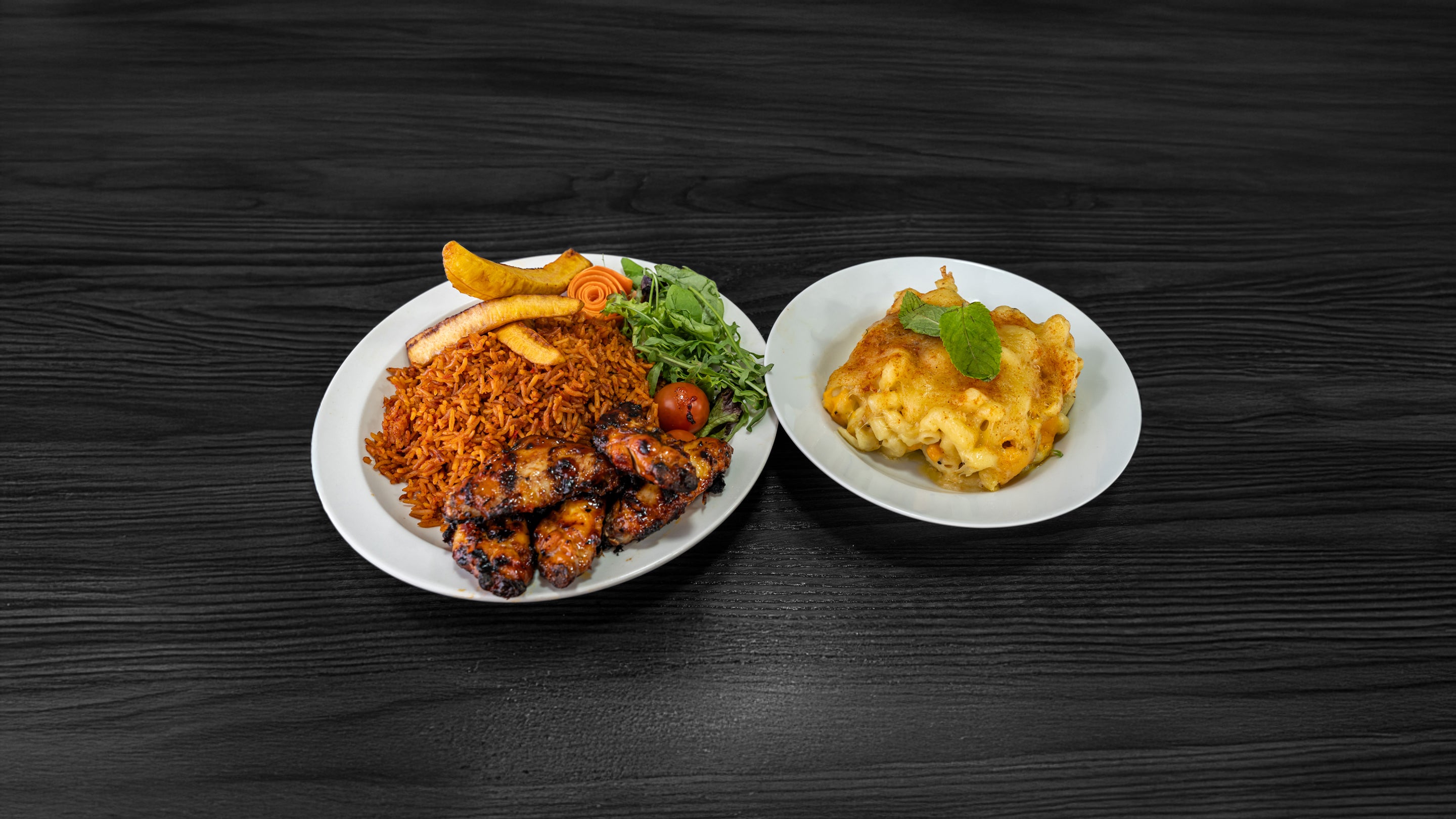 Jollof, Mac 'N' Cheese and Chicken Wings