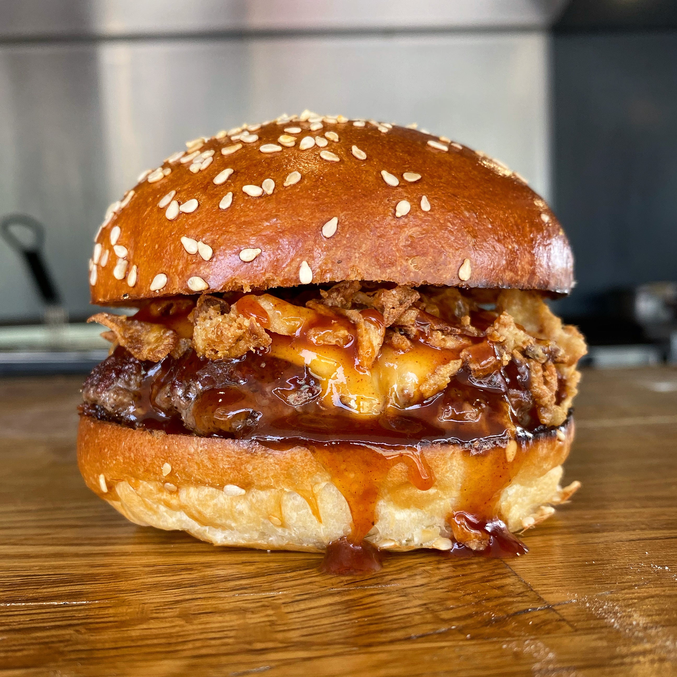 Beef, Cheese, Crispy Onions and Bbq Sauce