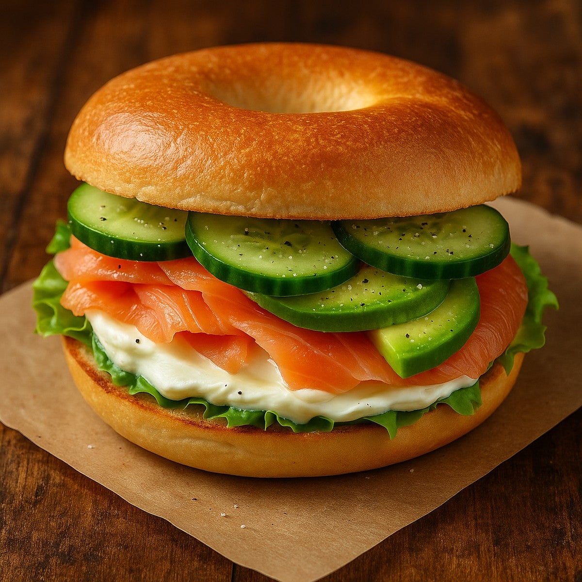 Salmon, Cream Cheese, Cucumber and Avocado Bagel