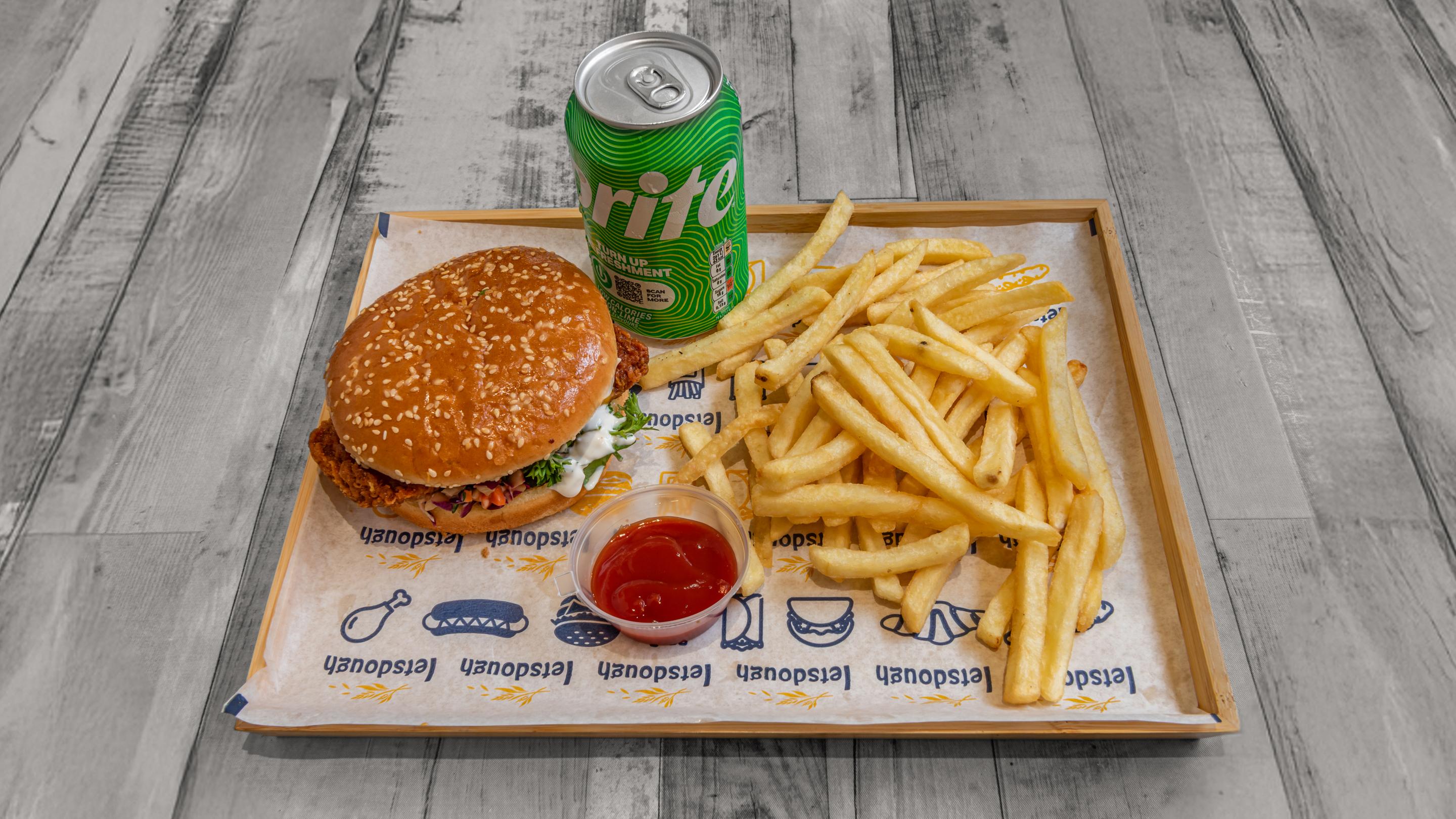 Chicken Spicy Burger with Chips and Drinks
