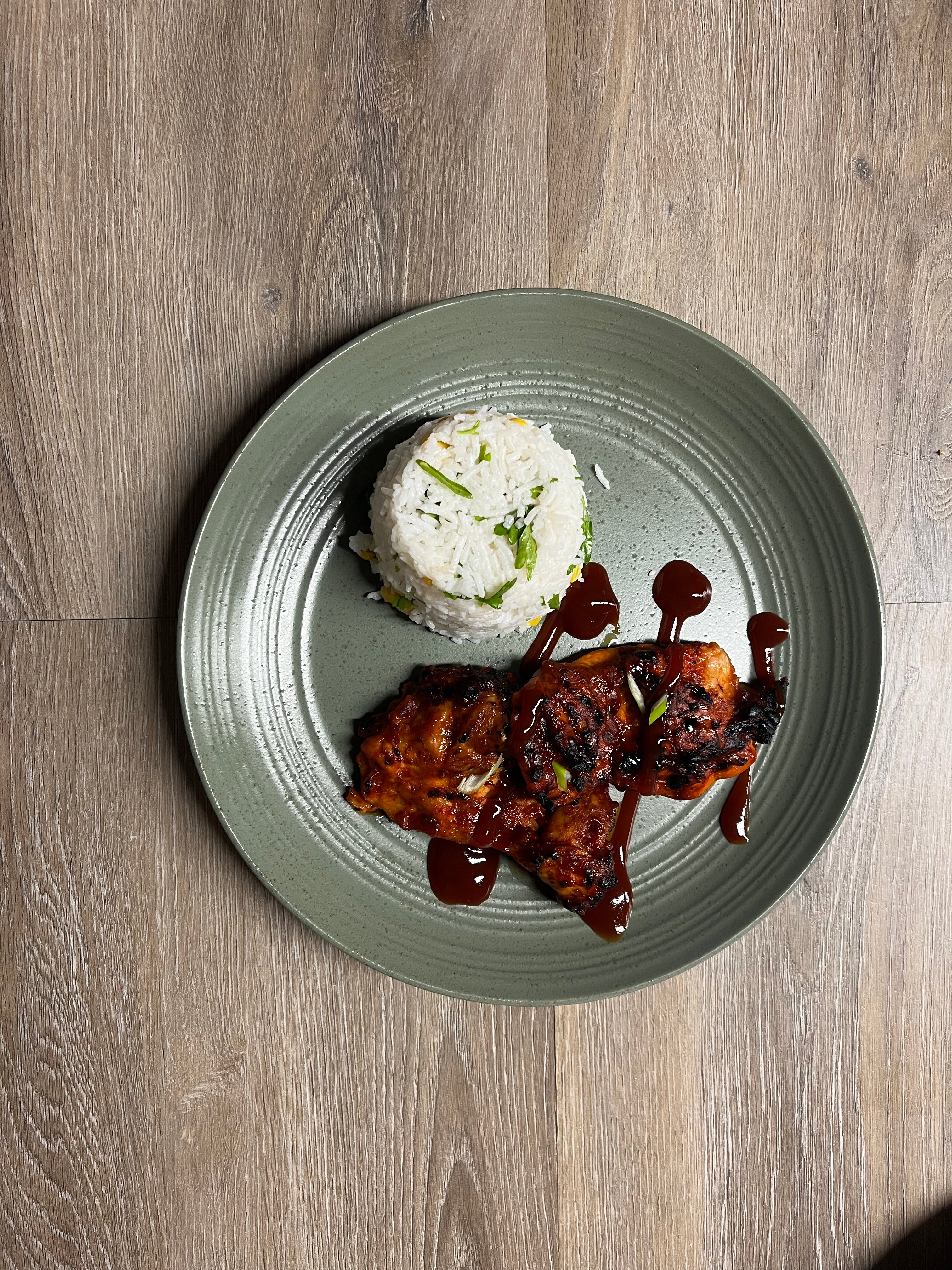 BBQ Chicken with Steamed Rice, Corn, and Parsley
