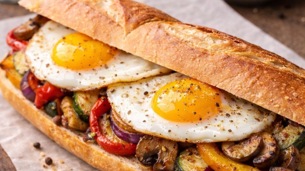 Roasted Vegetable and Two Fried Egg Baguette
