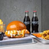 Meal for two includes regular burger and wings.