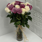 Vase Of White And Purple Roses