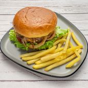 Caramelized Onion Beef Burger With Fries