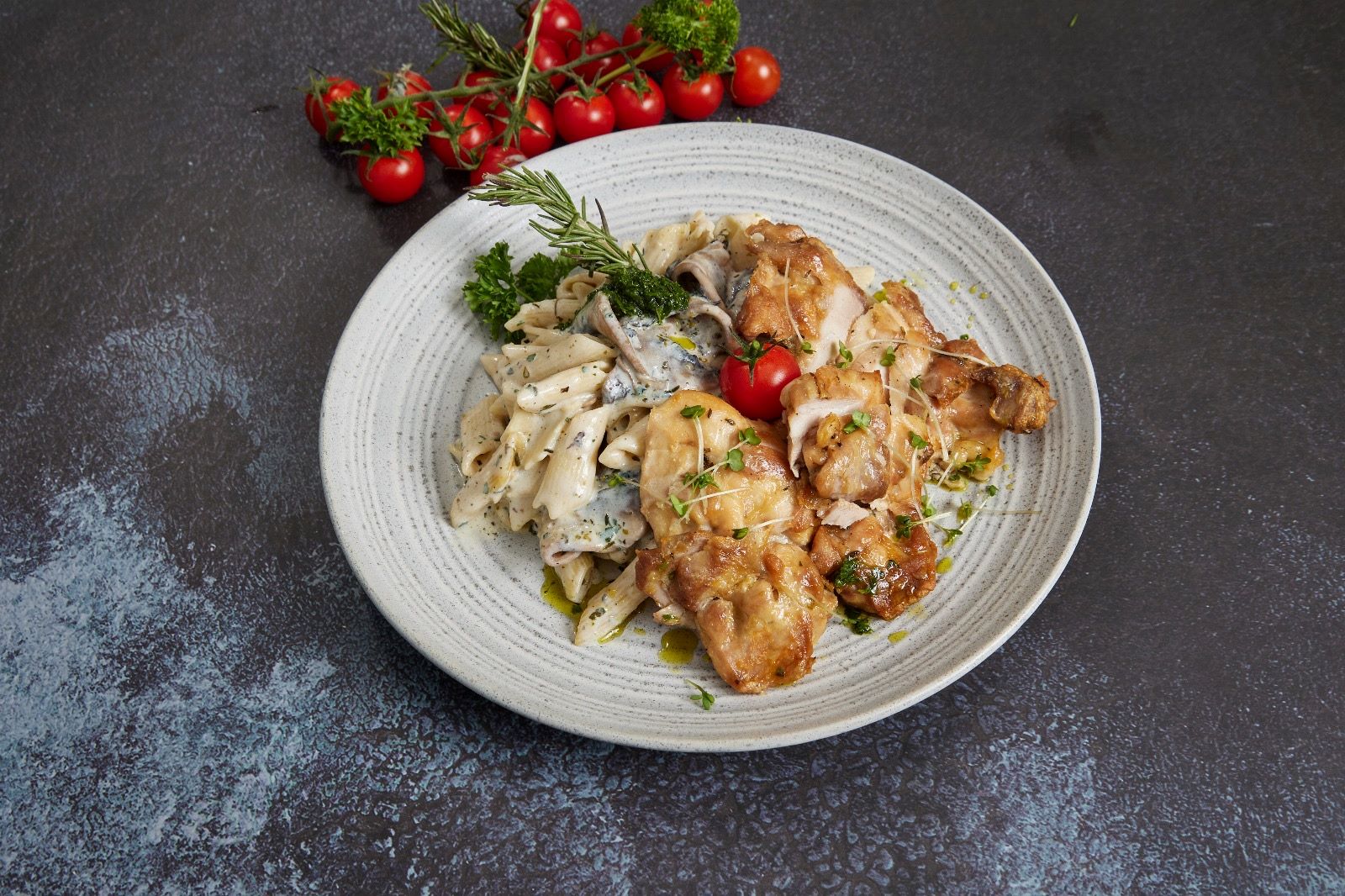 Rosemary Chicken with Penne Pasta in Creamy Mushroom Sauce
