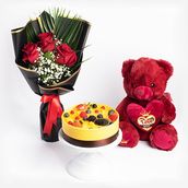 Real Mango Cake With Flower And Teddy Bear 