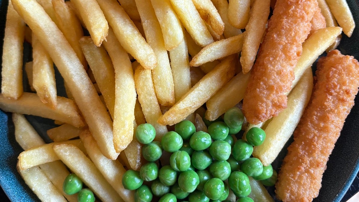 Fish Goujons, Fries, and Peas