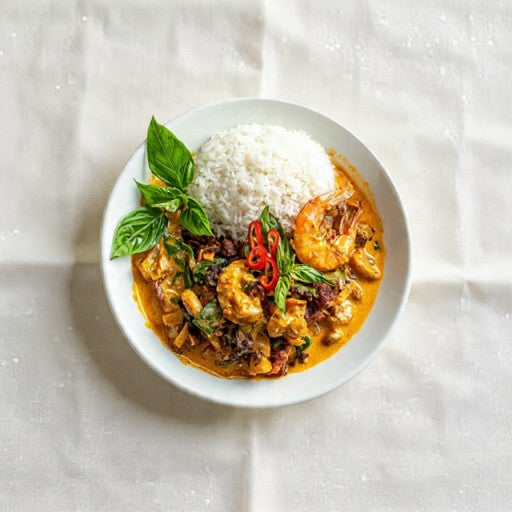 Black Tiger Coconut Prawns Curry, Steam Rice, Crispy Onions