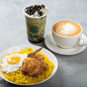 Chicken Rice Bowl with coffee and Bubble tea