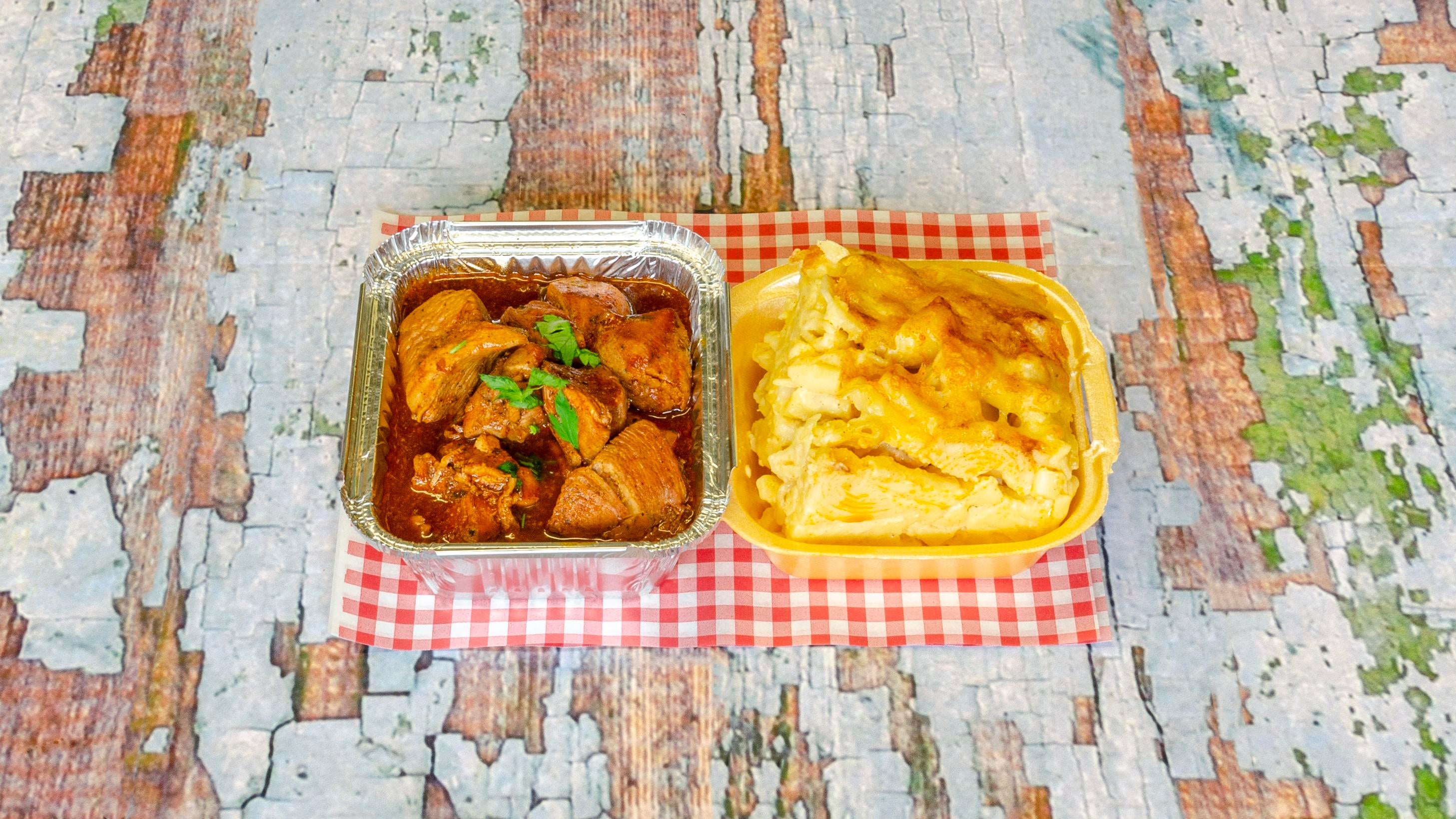 Brown Stew Chicken Mac and Cheese
