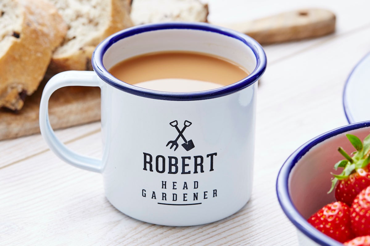 Enamel Personalised Gardening Mug - Blue Rim