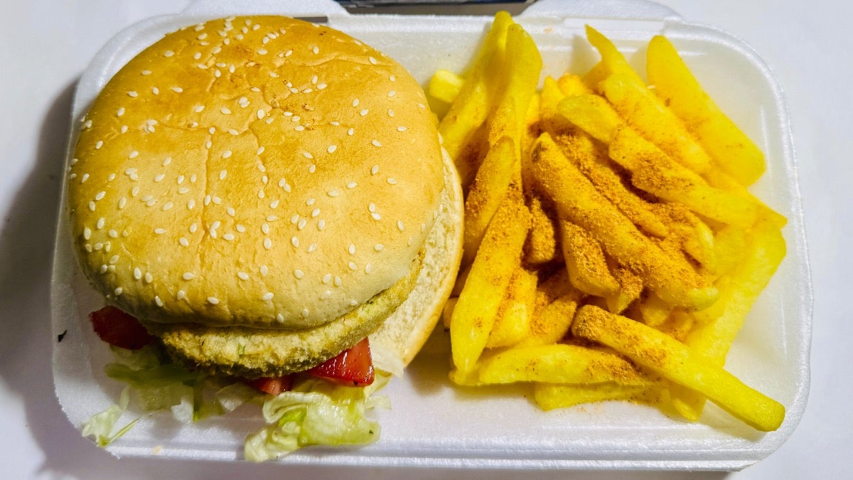 Veg Burger, Chips, and Soft Drink