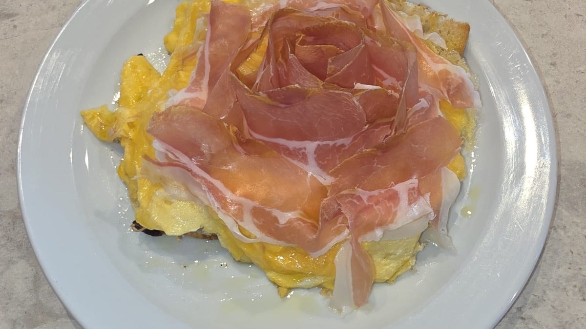 Scrambled Eggs on Focaccia parma ham