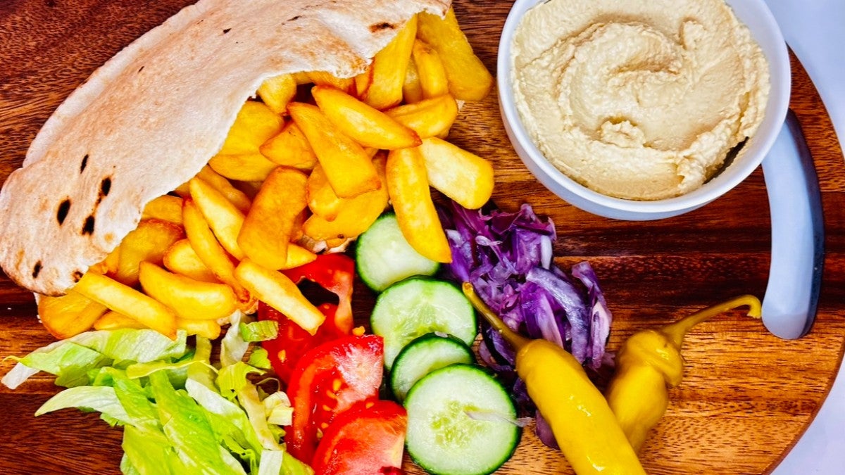 Chips in Pitta with Houmous and Salad