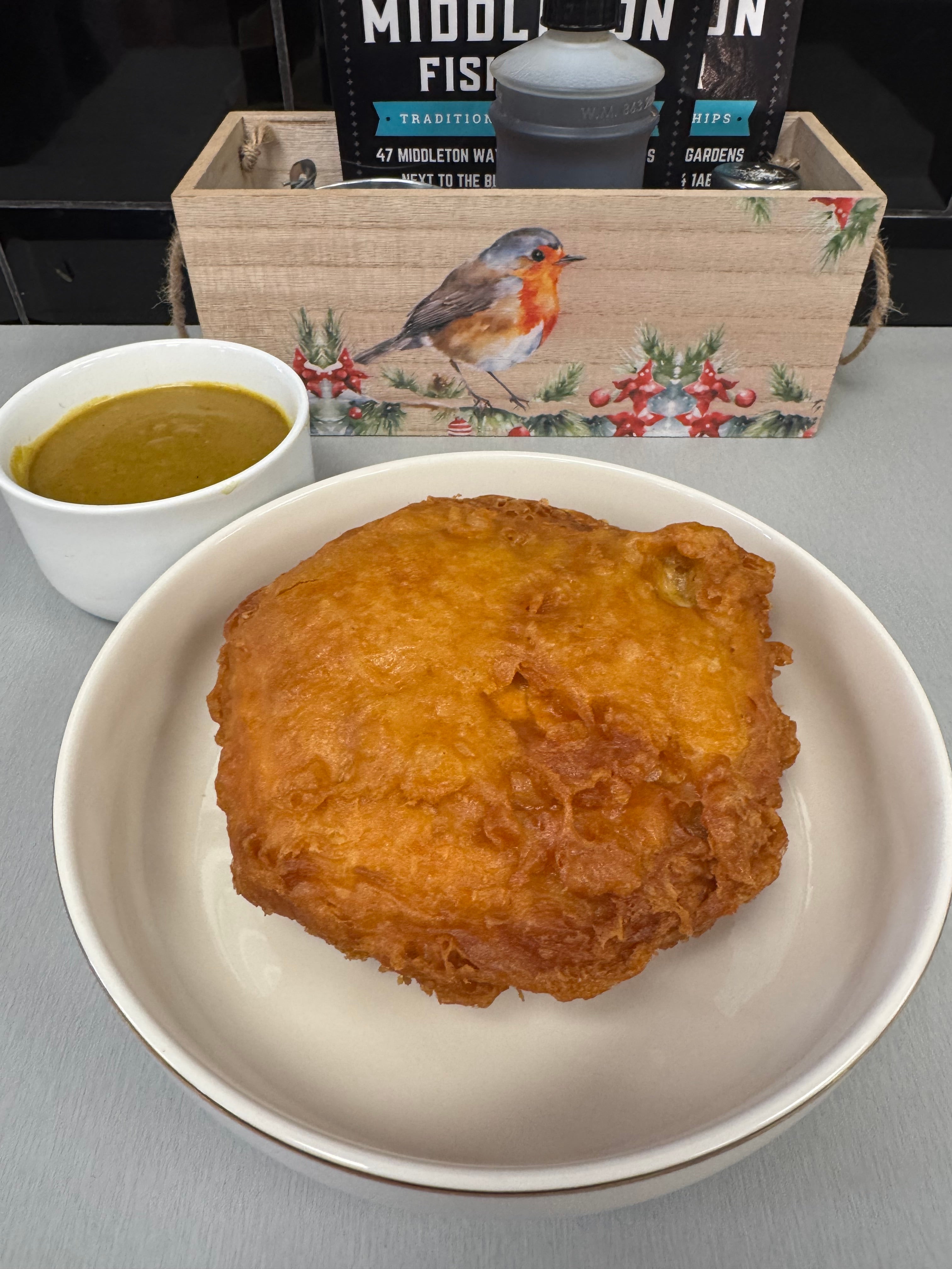 Battered Chip Muffin with Peas & Gravy