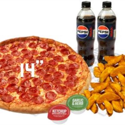 Any 14" Pizza + 2x Wedges with Dip + 2x Drinks