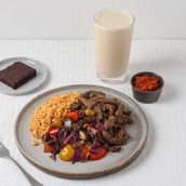 Mongolian Beef Paired With Roast Veggies, Served With A Shake And A Dessert