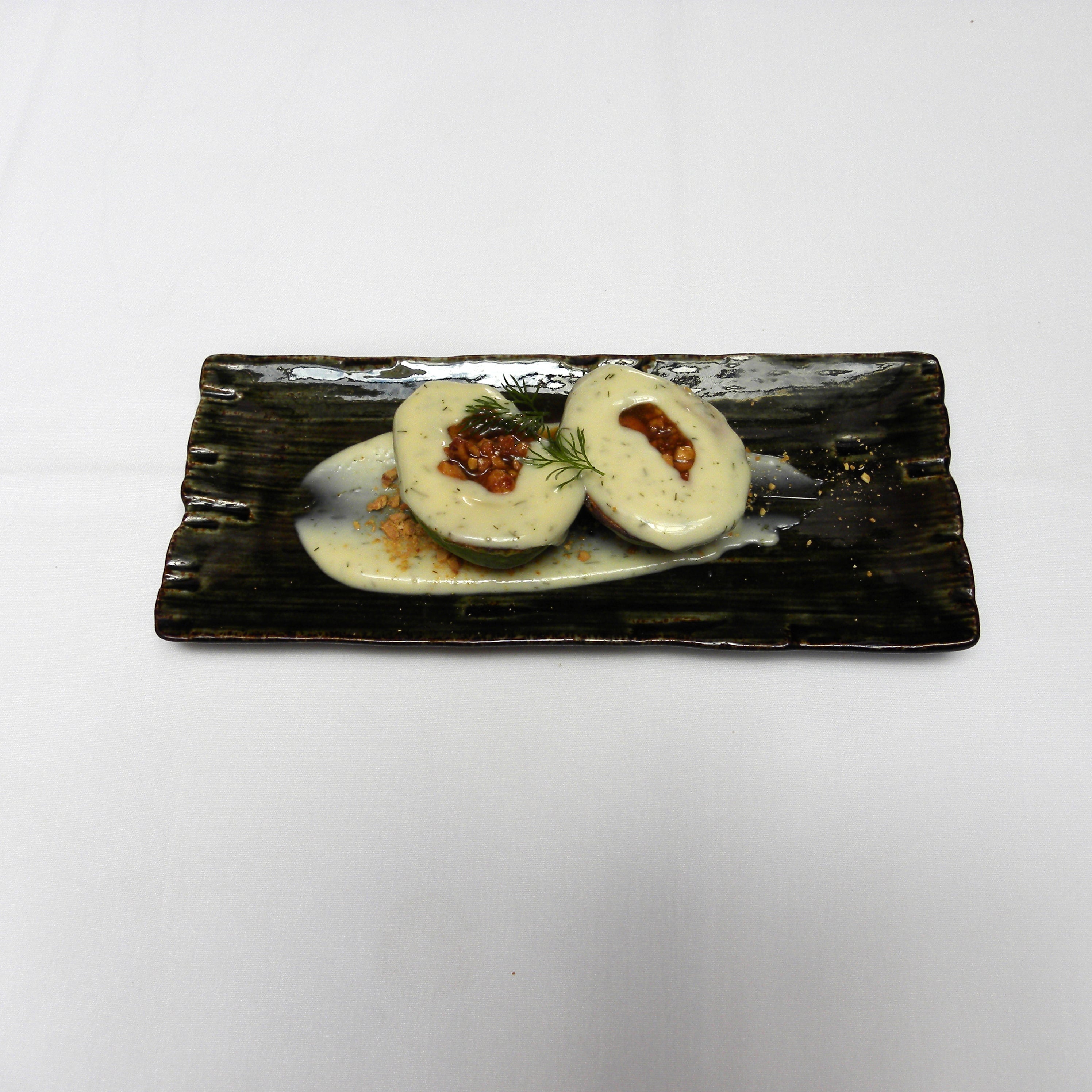 Briefly roast avocado, toasted almonds, mustard, lime & Dill sauce
