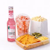 Nachos, Strawberry Drink with extra strawberry flavor, and salted popcorn