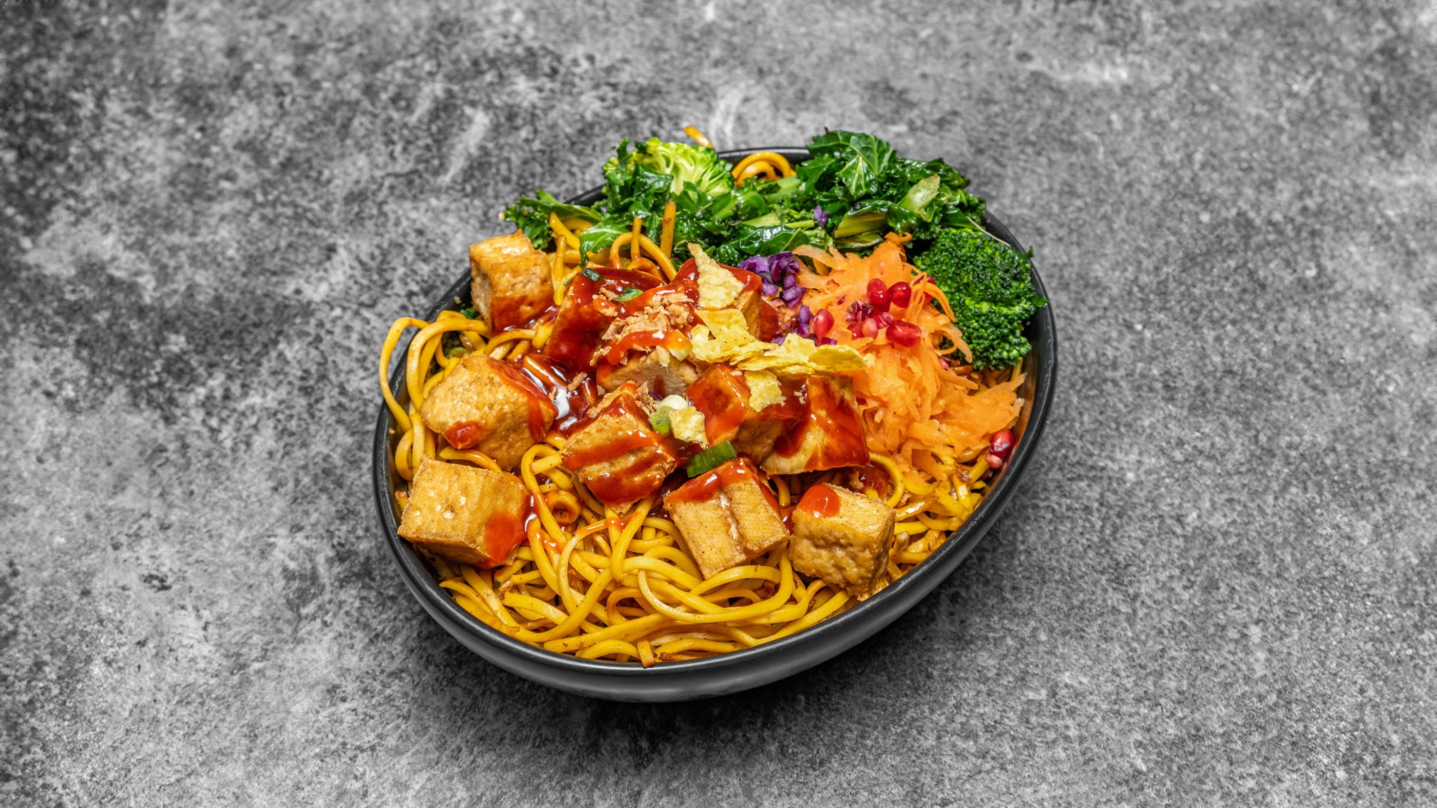 Satay tofu with pineapple and peanuts fried noodles with stir-fry vegetables