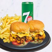 Grilled Shrimp Burger, Fried Shrimp Burger, French Fries and 7up