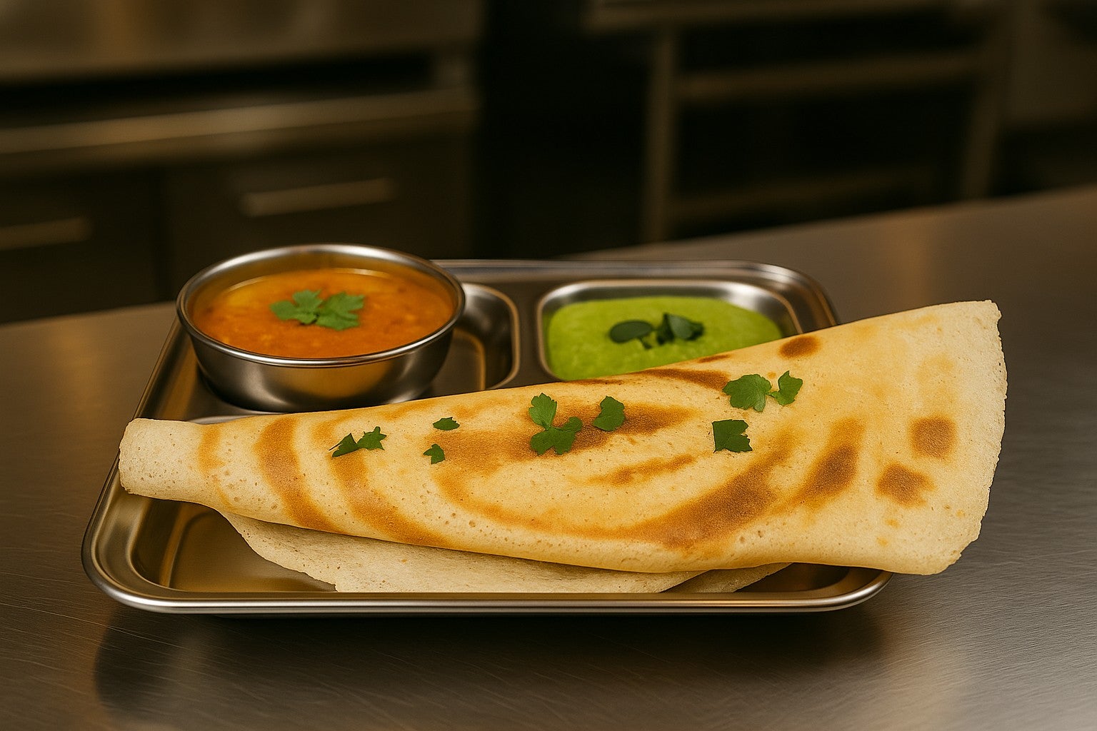 Dosa With Sambhar (Lentil-Stew) And Coconut Chutney