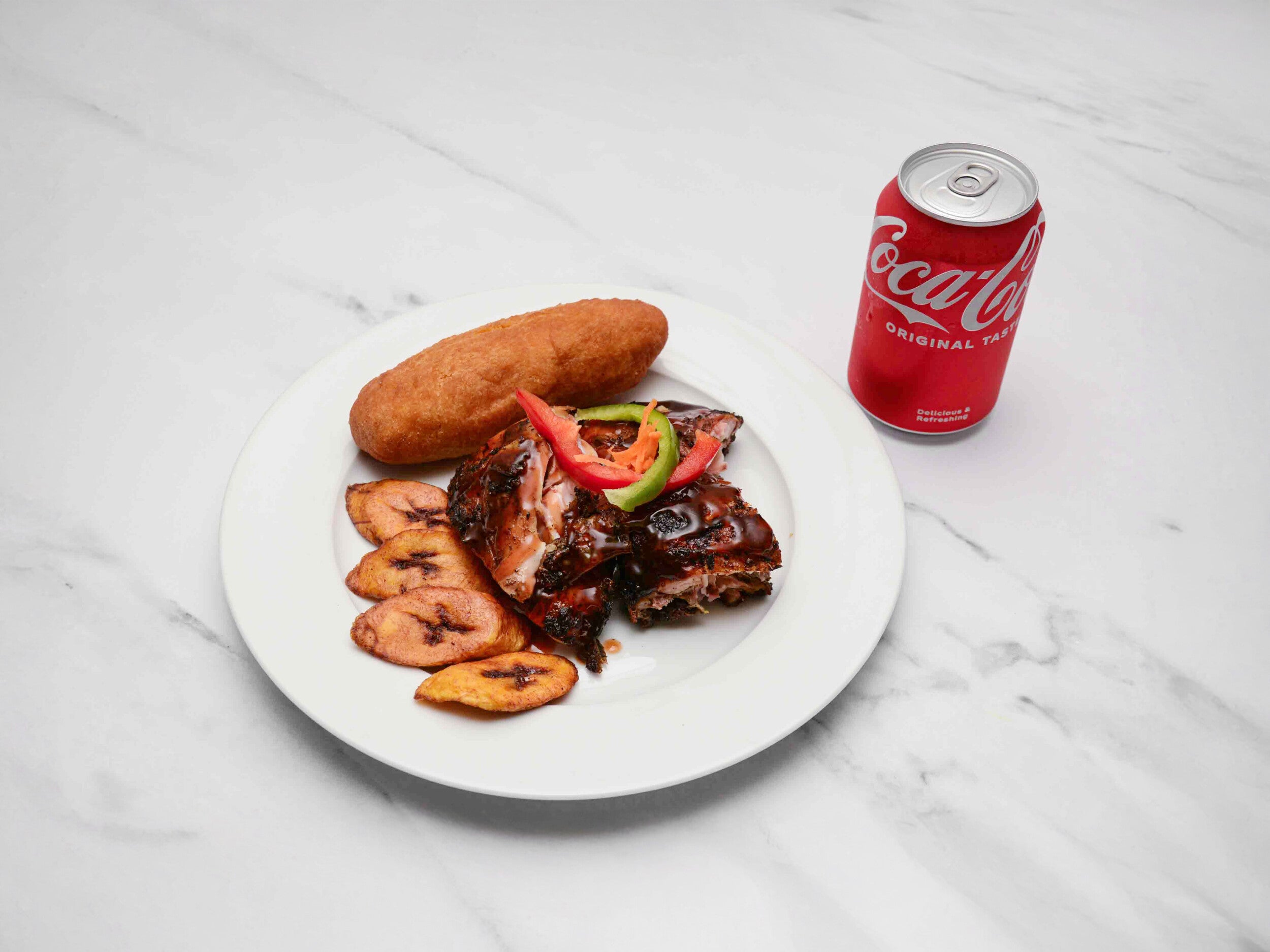JERK CHICKEN/FESTVAL/PLANTAIN/DRINK