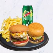 Beef Burger, Chicken Burger, French Fries and mountain dew