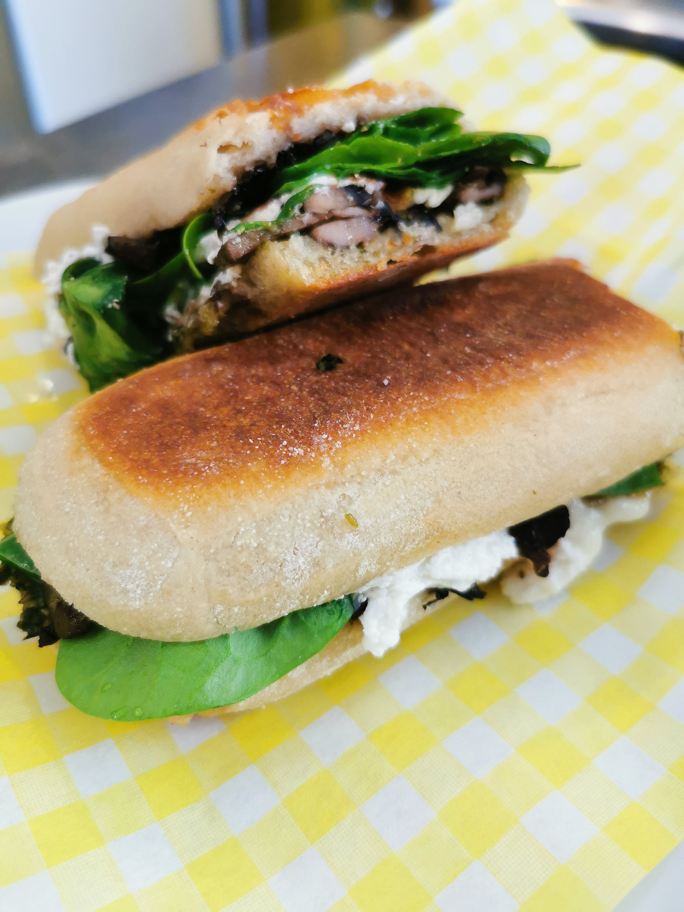 Roast Field Mushroom, Pesto, Goat Cheese & Spinach.