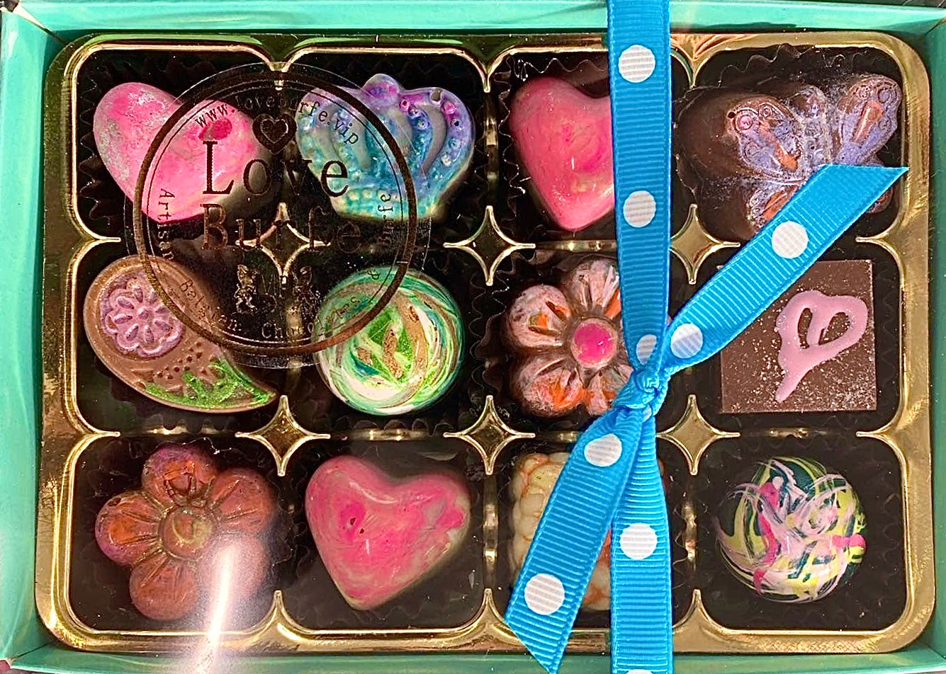 Luxury Belgian Chocolates Hand Made by Love Burfe - Box of 12 Turquoise Blue Box