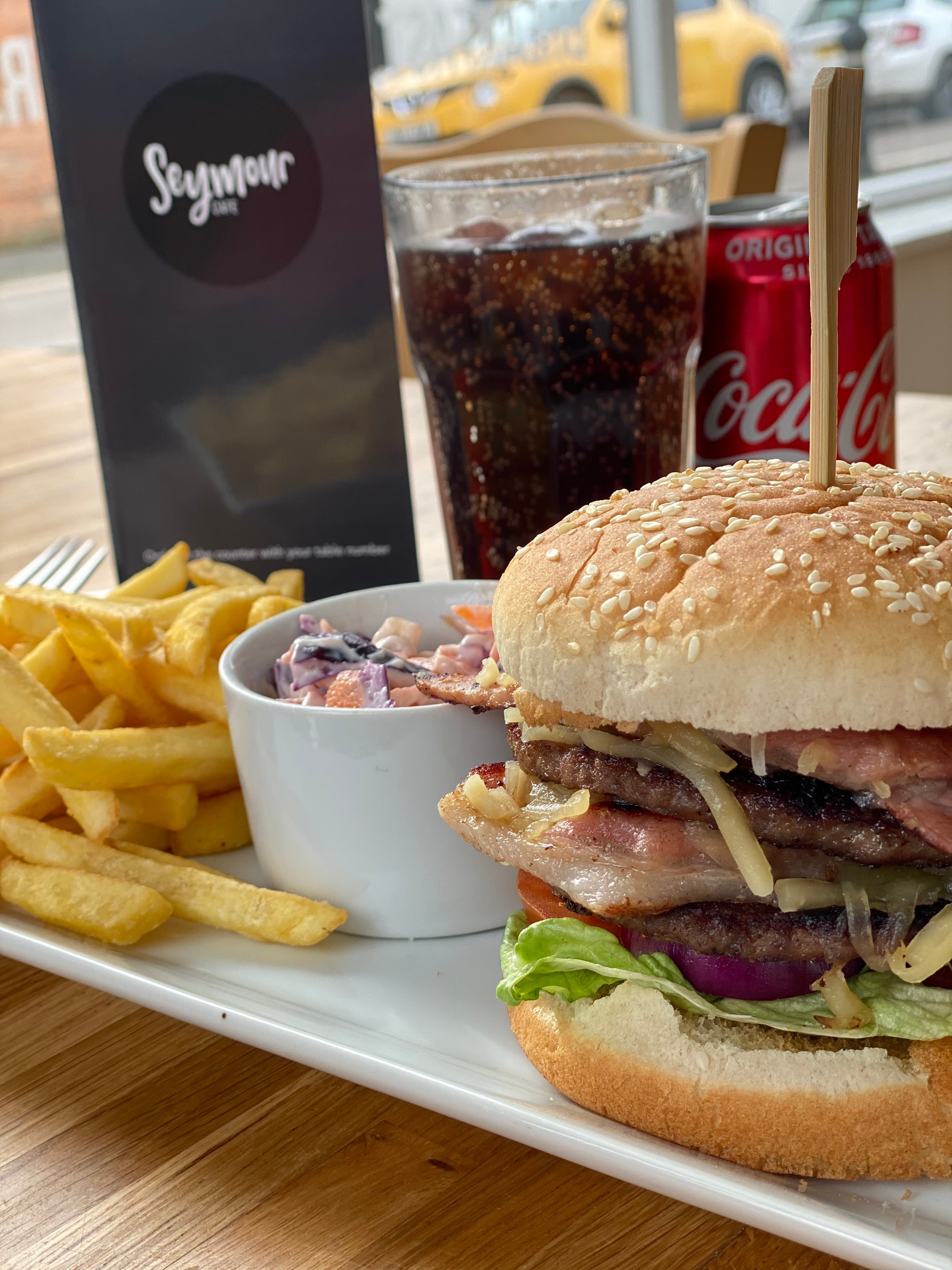 Half Pound Bacon Cheese Burger, Chips and Coleslaw